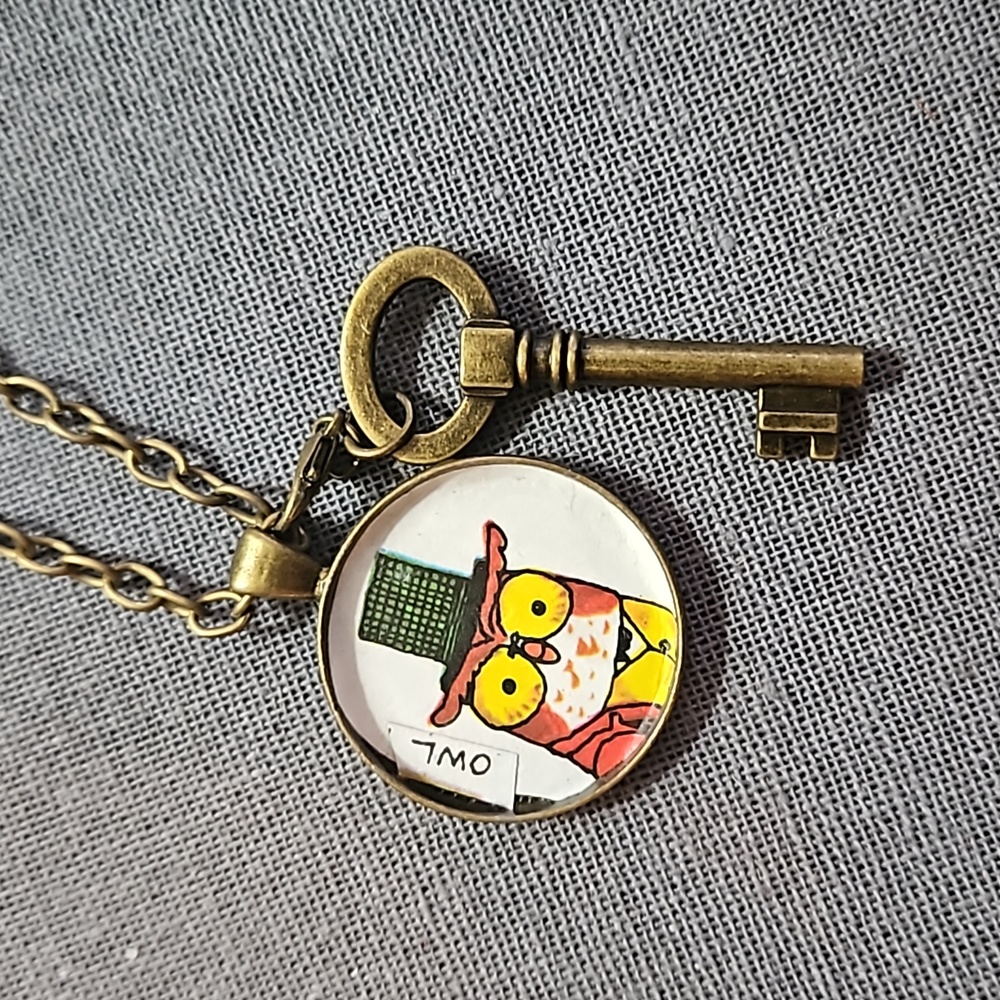 Owl & brass key book page necklace Richard Scarry 1970s vintage page ooak